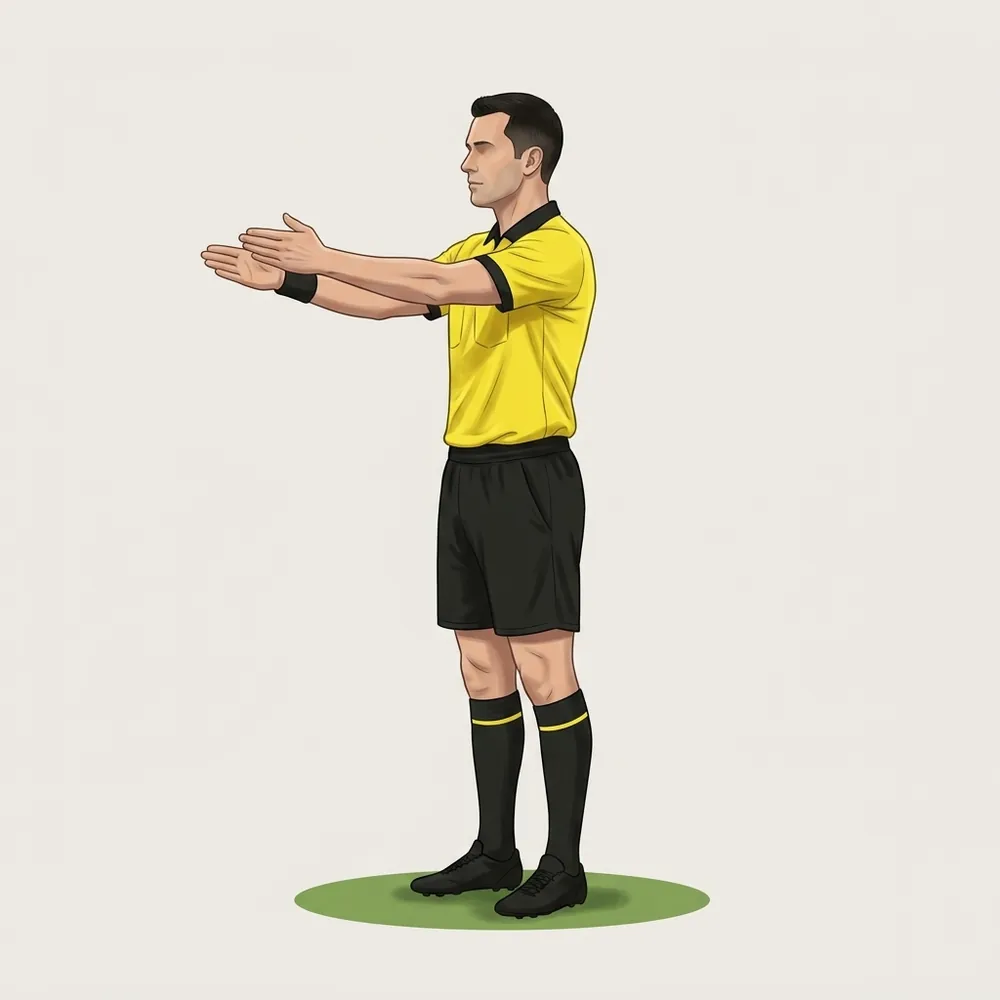 A painted referee in a yellow shirt showing the advantage signal.