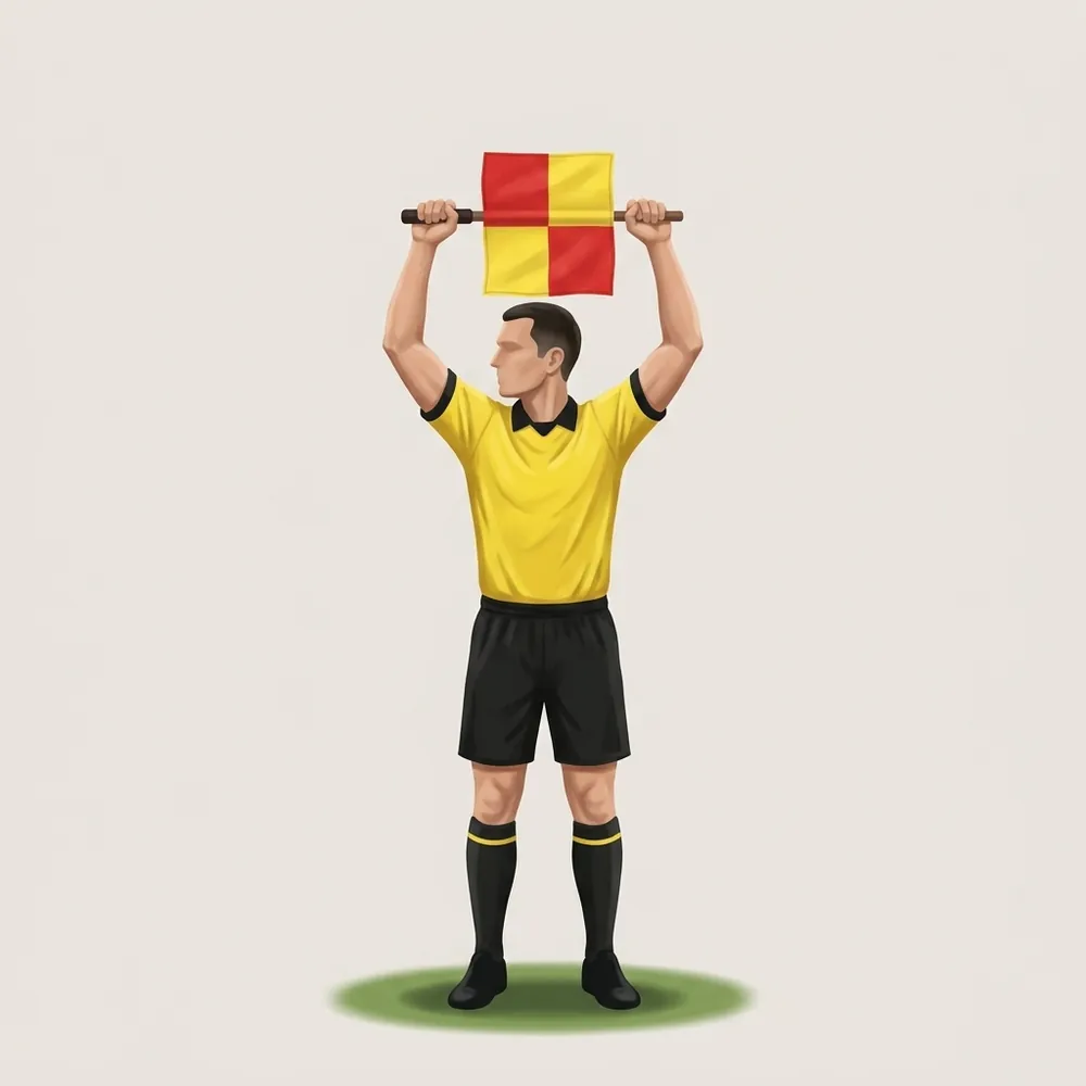 A painted referee in a yellow shirt showing the substitution signal with the flag.