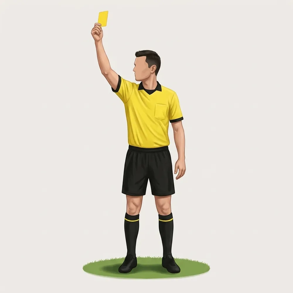 A painted referee in a yellow shirt showing the caution signal.