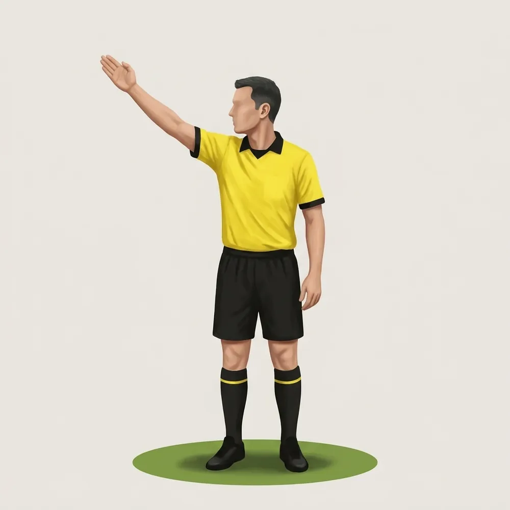 A painted referee in a yellow shirt showing the corner kick signal.
