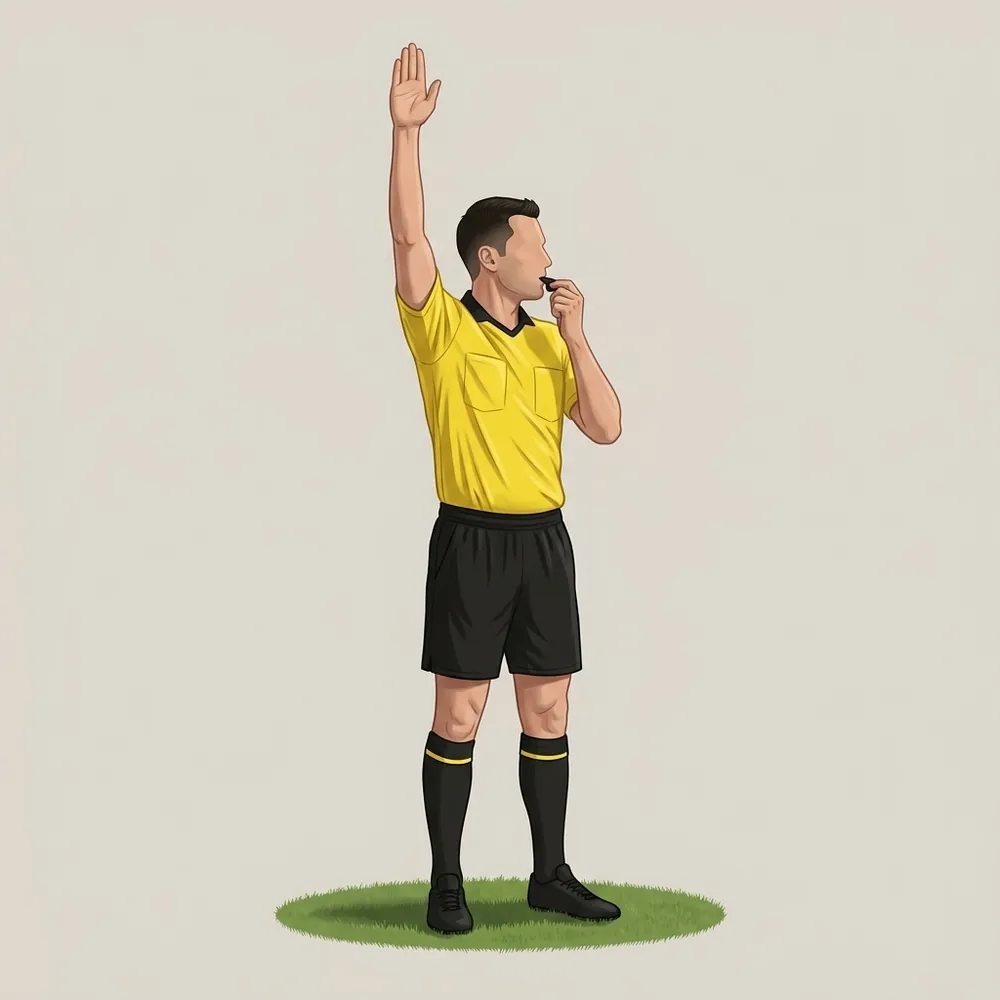 A painted referee in a yellow shirt showing the indirect free kick signal.