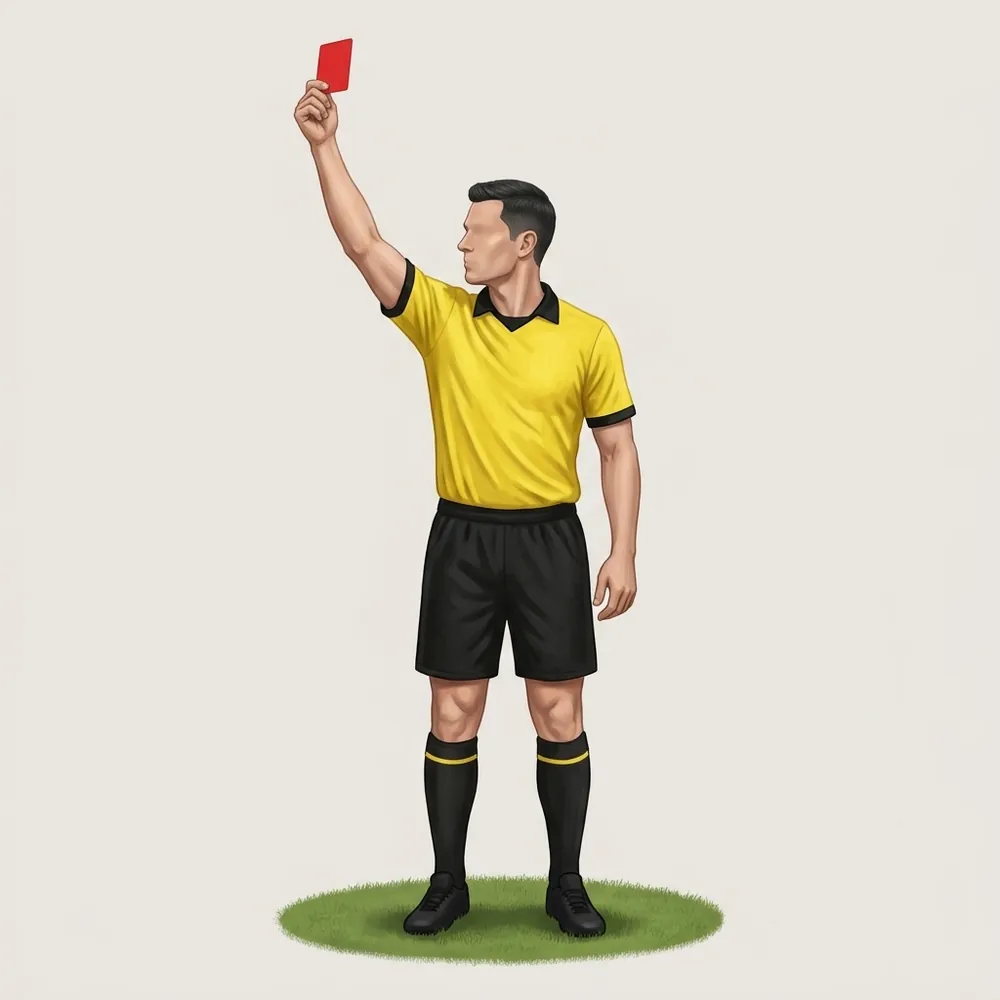 A painted referee in a yellow shirt showing the sending-off signal.