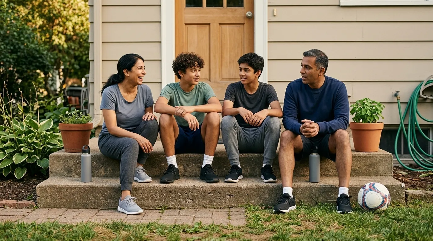 Two parents and two teenagers sitting on the back steps of an ordinary house at the end of a session, water bottles down, a ball on the grass, mid-conversation.