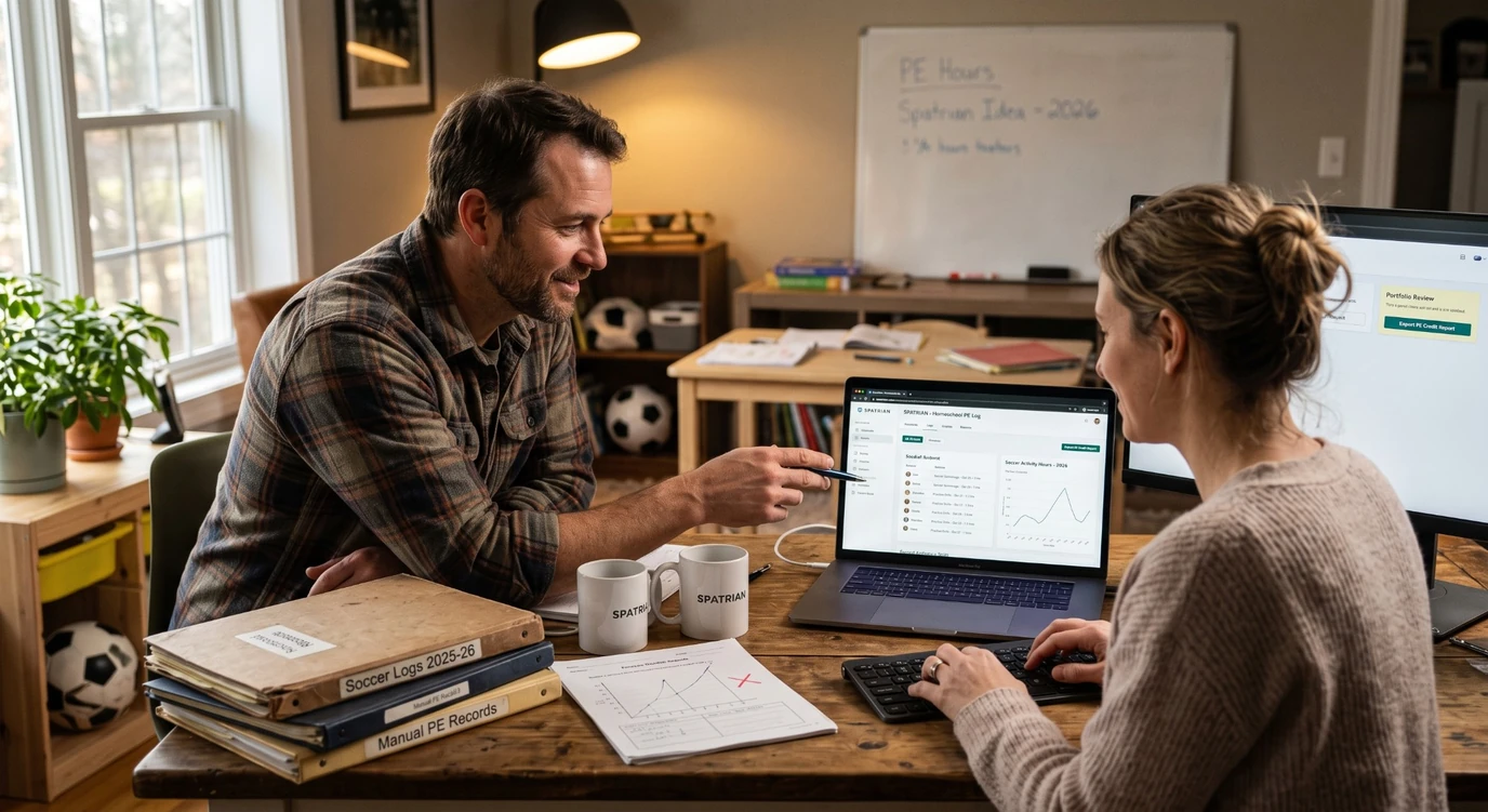 Two parents at a dining table, one pointing at a laptop showing Spatrian's homeschool PE log, beside a stack of hand-kept binders labelled Soccer Logs and Manual PE Records.