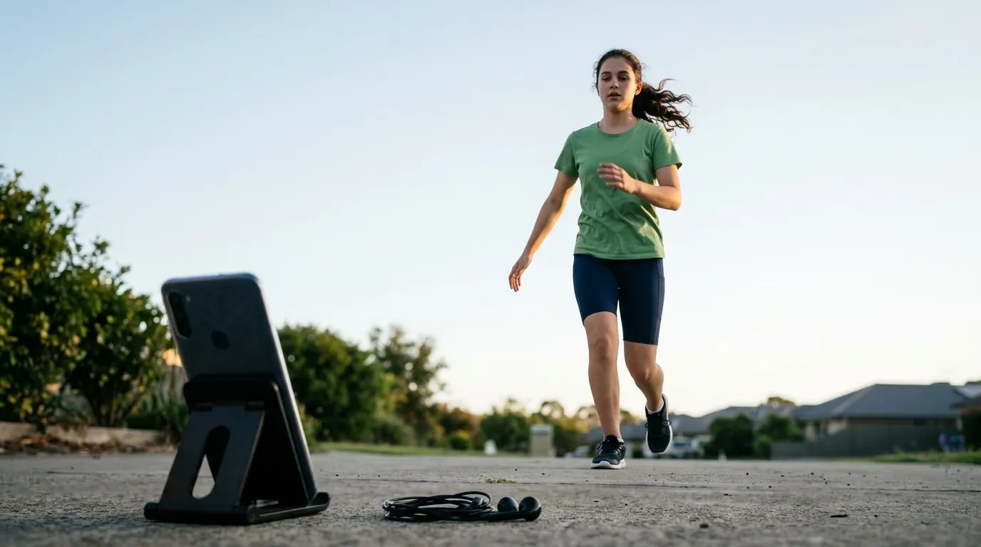A teenager running through a driveway session at dusk while her phone sits in a stand on the ground beside a coiled pair of earbuds.