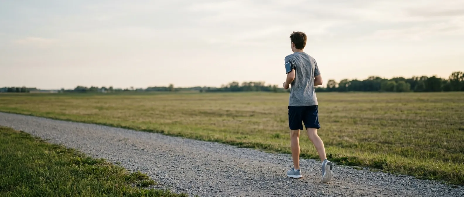 A teenager jogging away from the camera along a gravel trail at the edge of an open field, with no houses in sight.