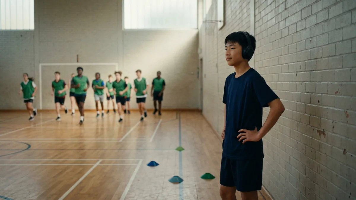 A teenager in over-ear headphones resting calmly at the quiet end of a school sports hall while his team trains at the far end.