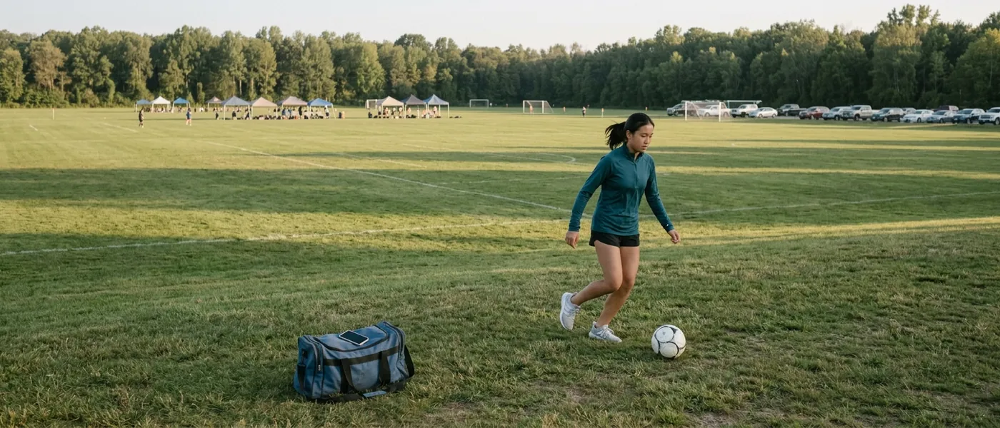 A teenager warming up alone at the far end of a tournament complex while her phone lies on her kit bag, rows of fields and team tents behind.