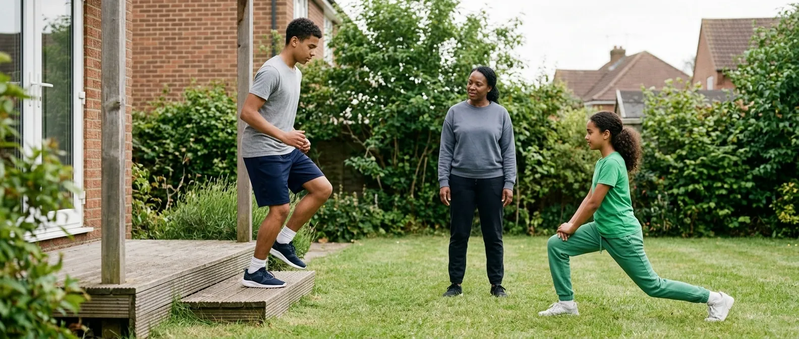 Two siblings working at different exercises on opposite sides of a back garden while a parent stands between them, hands empty, watching.