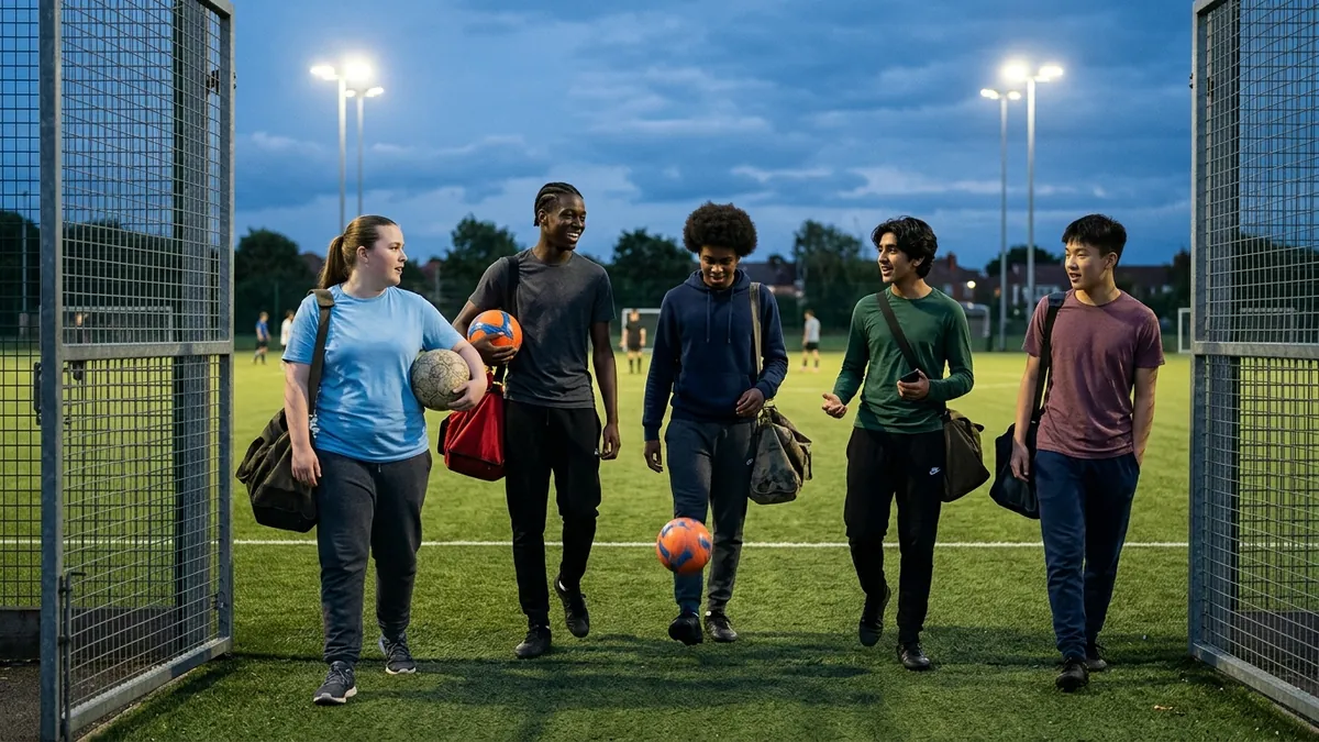 Teenagers with kit bags walking onto a floodlit pitch at dusk, one juggling a ball as they come through the gate.