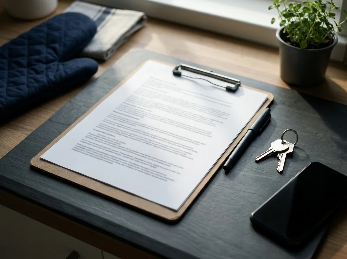 A printed checklist on a clipboard resting on a kitchen counter beside a pen, a set of keys and a face-down phone.