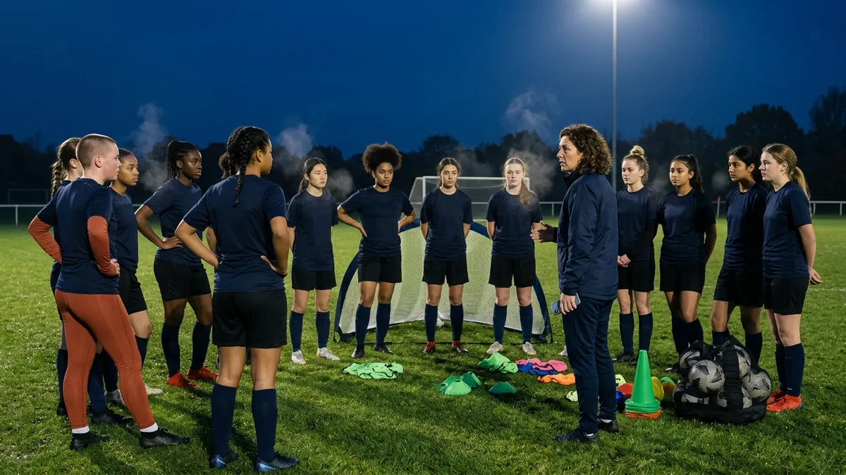 A coach with a phone talking to her squad in a half-circle under the floodlights after a hard run.
