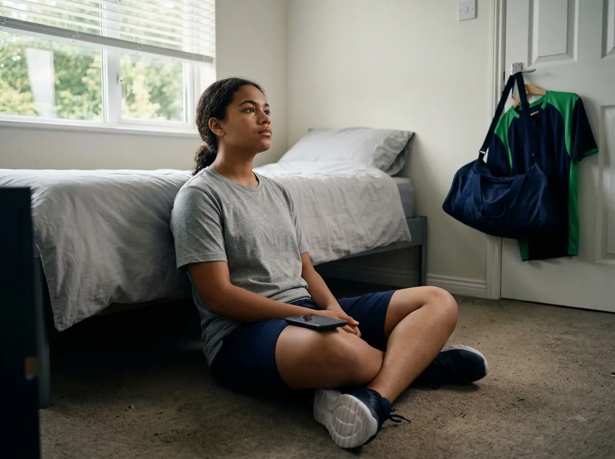A teenager sitting on a bedroom floor with their back against the bed, phone resting on one knee, thinking rather than staring at the screen.