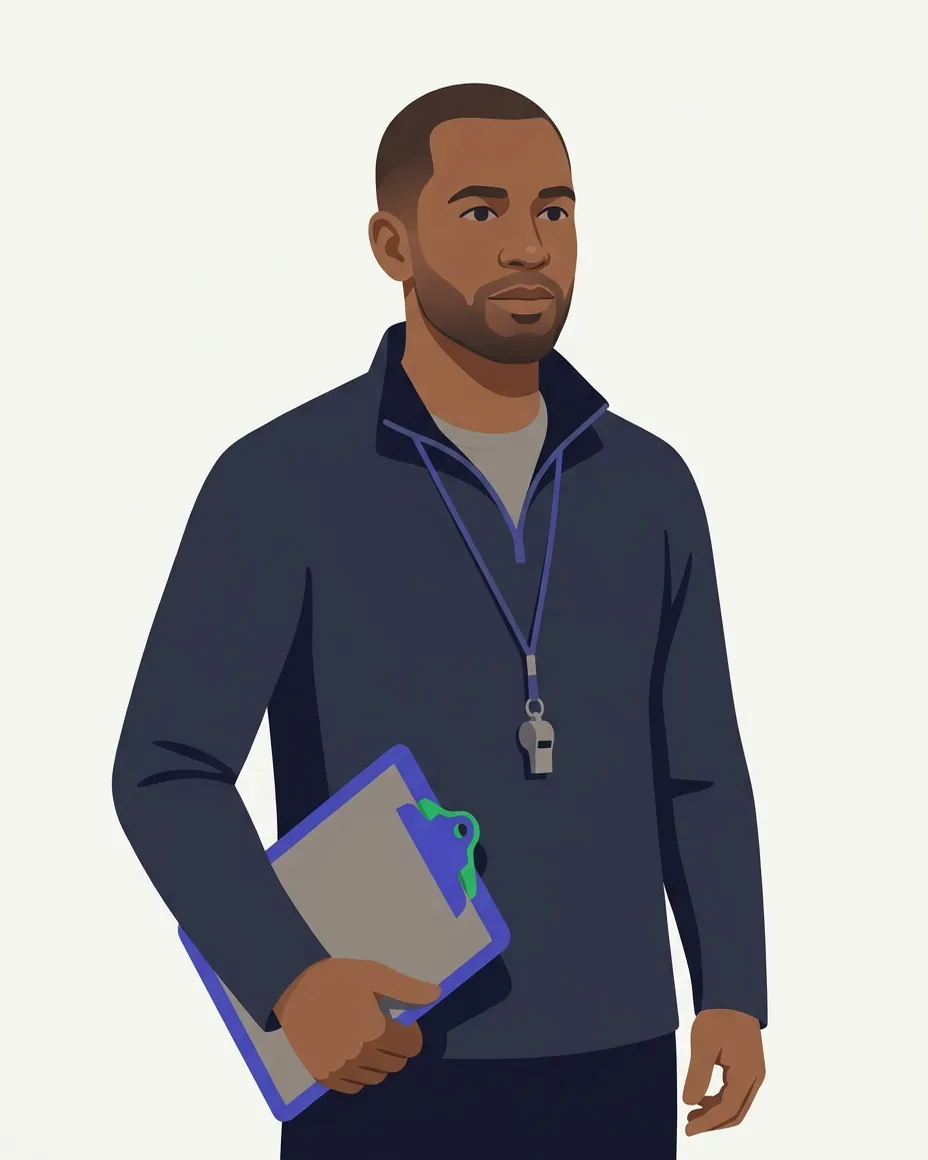 An illustration of Coach Spatrian in a dark quarter-zip top, a whistle on a lanyard and a clipboard under one arm.