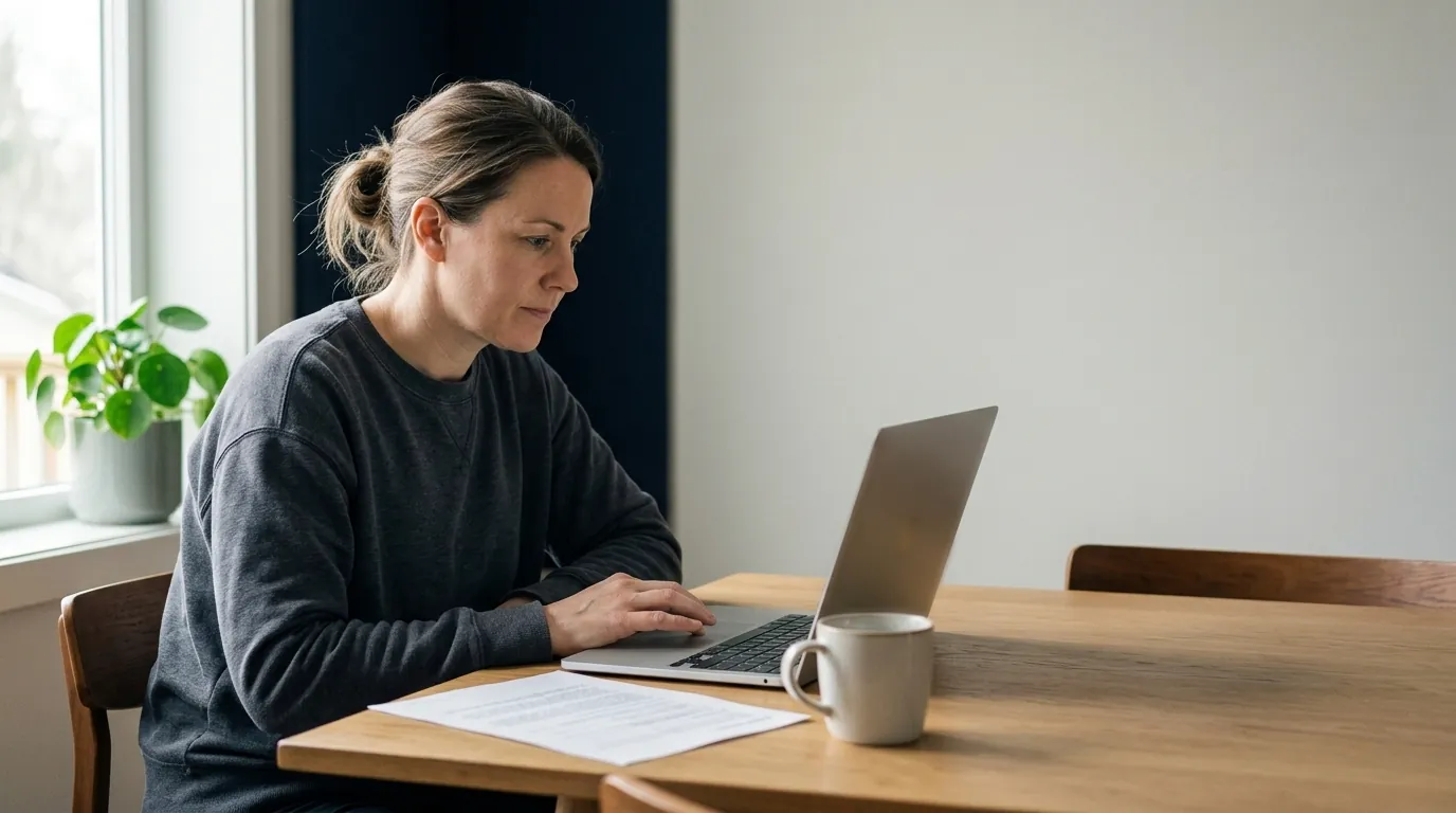 A parent at a dining table working through state requirements on a laptop in morning light, one printed page and a mug beside it.