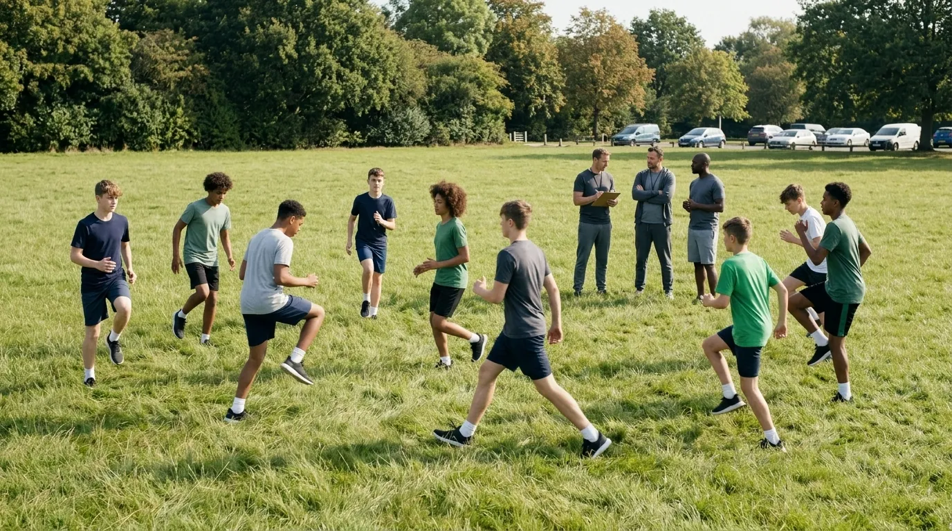 Ten teenagers of mixed ages spread across a park field working through the same warm-up while three adults talk at the edge, one holding a clipboard.