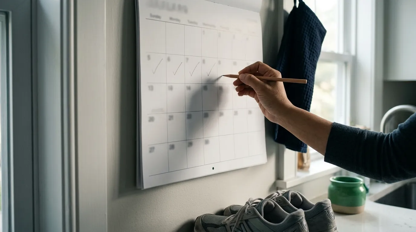 A hand marking a square on a kitchen wall calendar with a pencil, several earlier squares already ticked, trainers on the floor below.