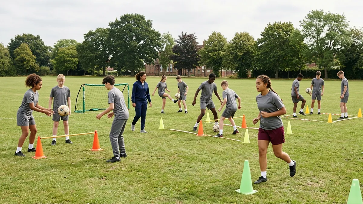 Four groups of teenagers working at four different stations across a school field while a coach walks between them.