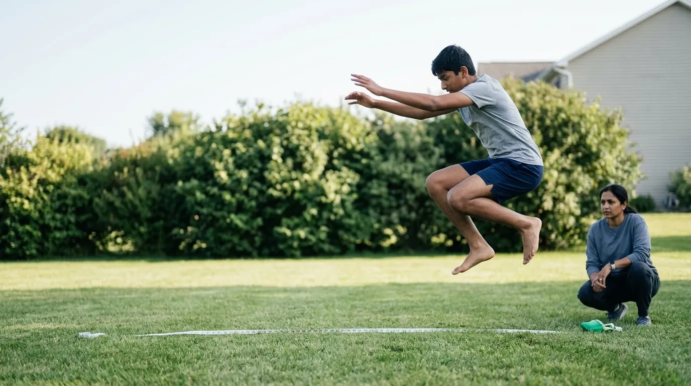 A teenager at the top of a standing broad jump on a lawn, both feet clear of the ground, with a tape measure along the grass and a parent crouched at the landing mark.