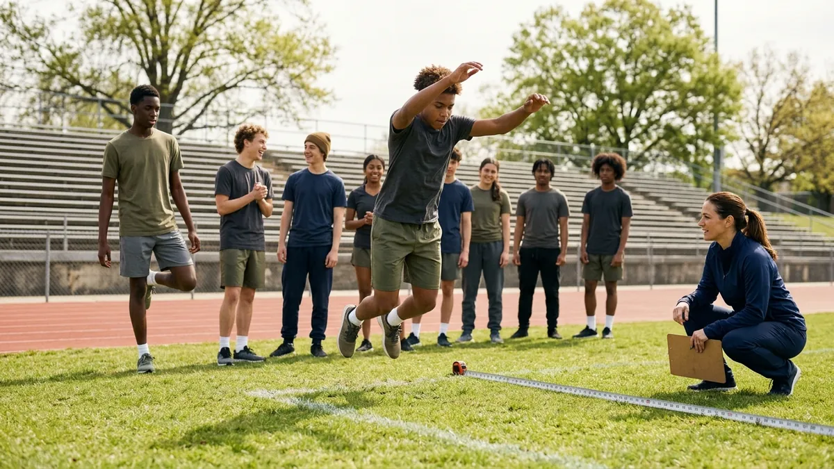 A high-school player at the top of a standing broad jump on a track infield while the coach crouches at the tape and teammates wait their turn.
