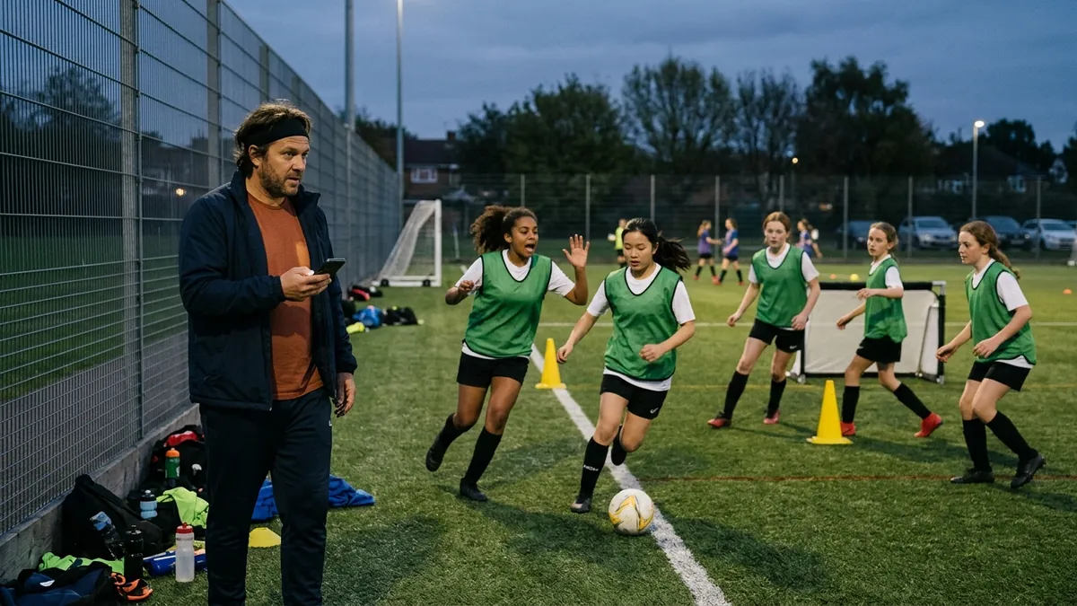 A coach on the touchline of a floodlit artificial pitch checking his phone while his team runs a passing drill behind him.