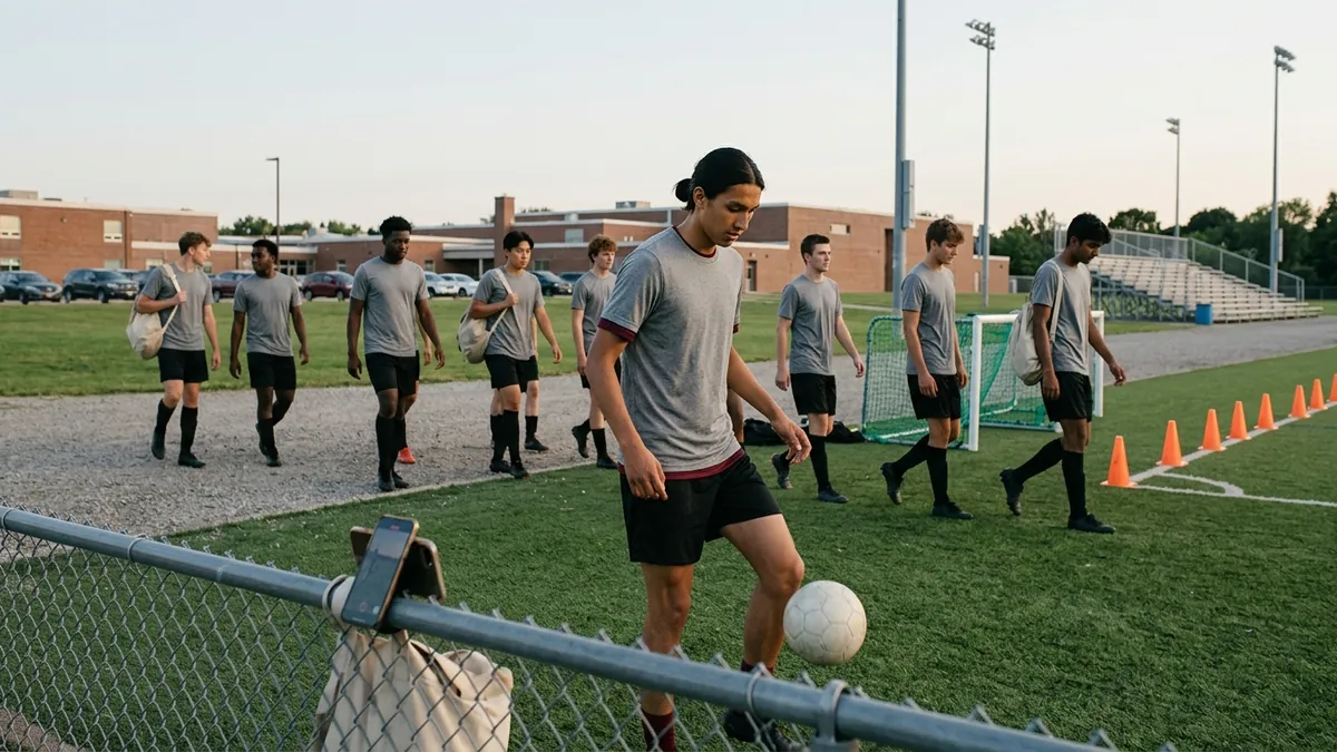 A high-school player staying behind after practice to work alone with a ball while teammates in matching training tops walk off the field.