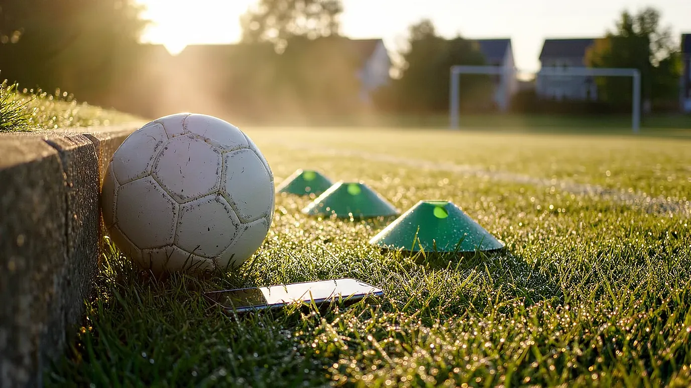 A worn soccer ball rests against a low wall on dewy grass at first light, a phone lying beside it and three green cones in a line behind, with a goal and houses soft in the distance.