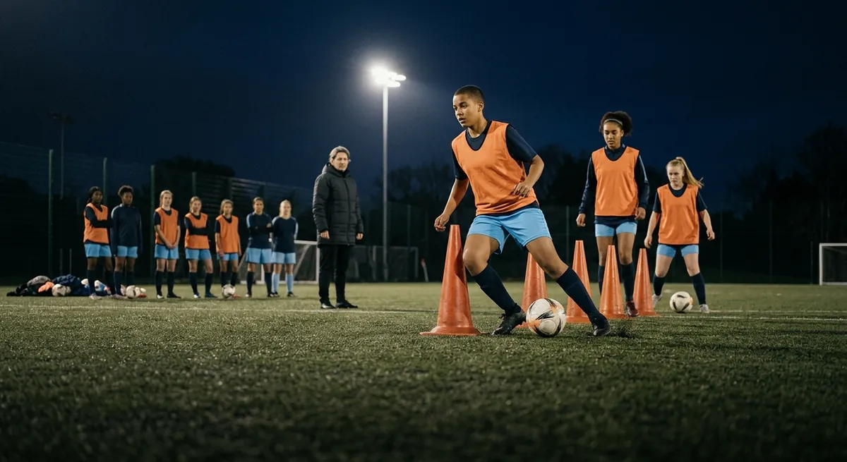 A teenager in an orange bib weaves through a slalom of cones under floodlights with the ball close to her foot and her head up, teammates following behind.