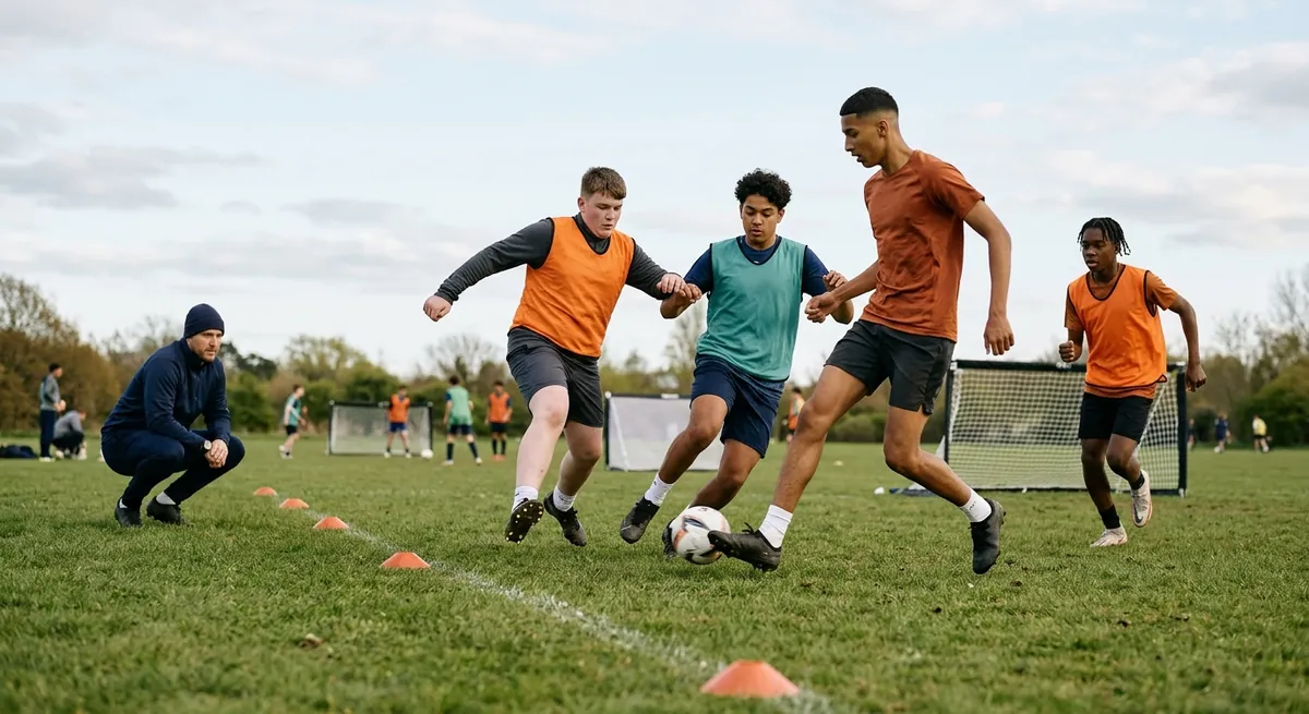 Four teenagers in teal and orange bibs play a flat-out 2v2 on a tiny cone pitch, one laying the ball off first time to a teammate who has moved to support.