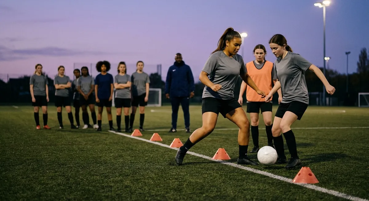At dusk on a floodlit club pitch a teenage defender, side-on and low in a cone channel, steers a teammate and the ball toward the touchline.