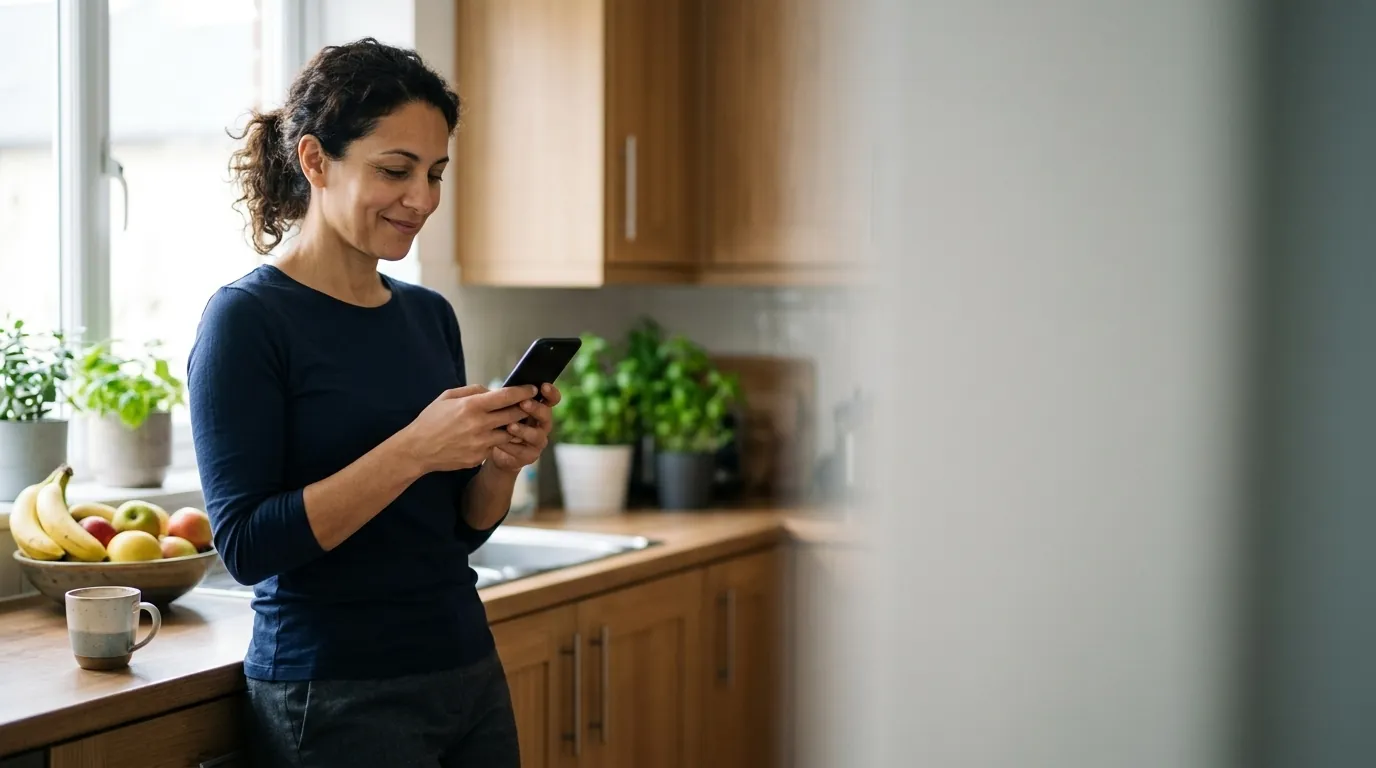 A parent standing at a kitchen counter in morning light, reading an answer on her phone.