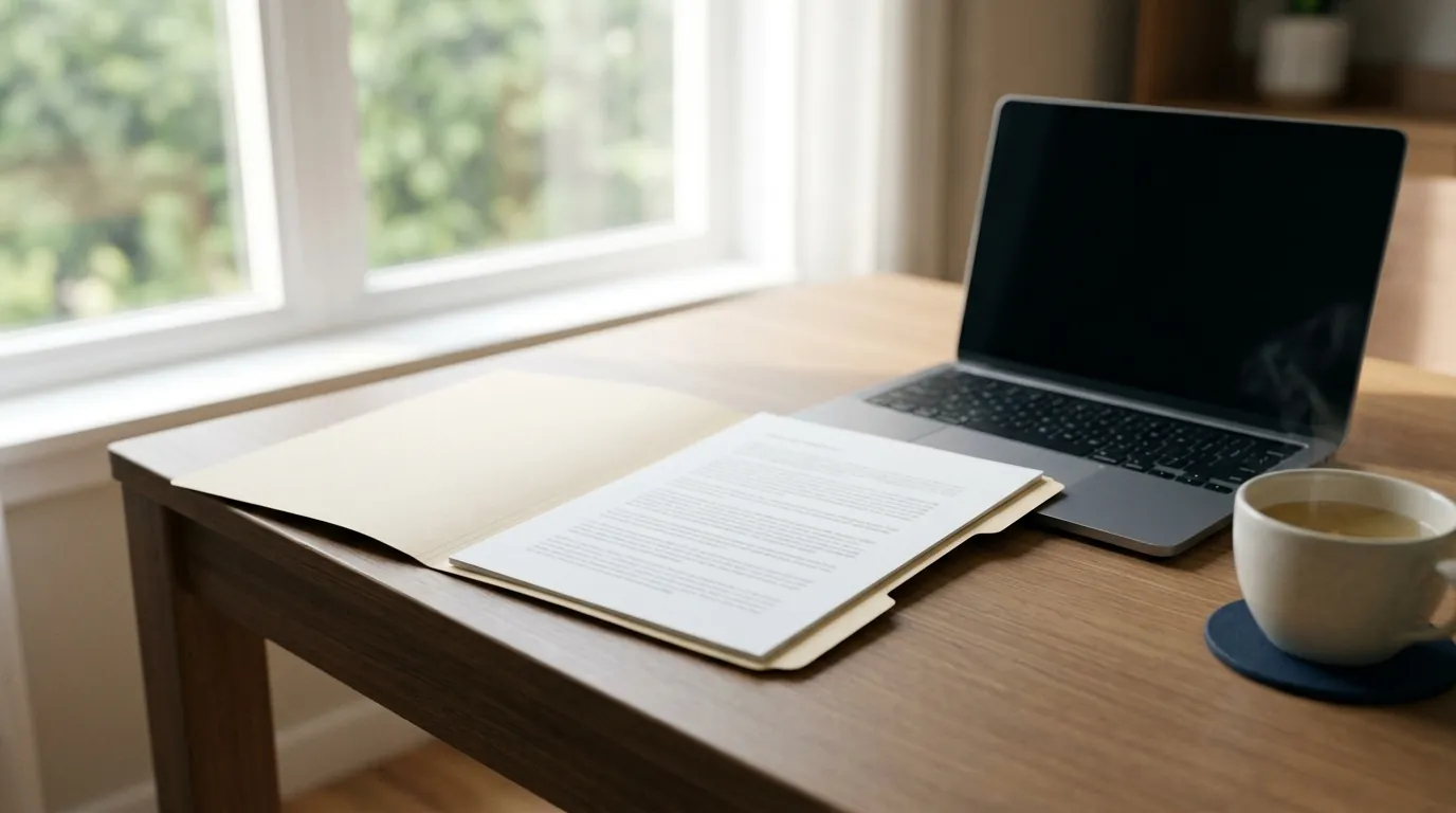 A single printed document lying open in a folder on a sunlit desk beside a closed laptop and a cup of coffee.