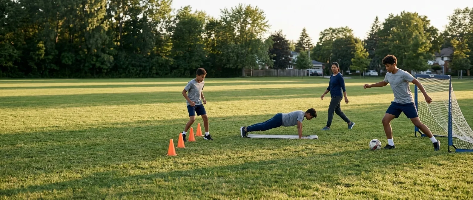 Three teenagers of different ages working at separate stations across a park field — a cone line, a plank, a shot at a small goal — while a parent moves between them.