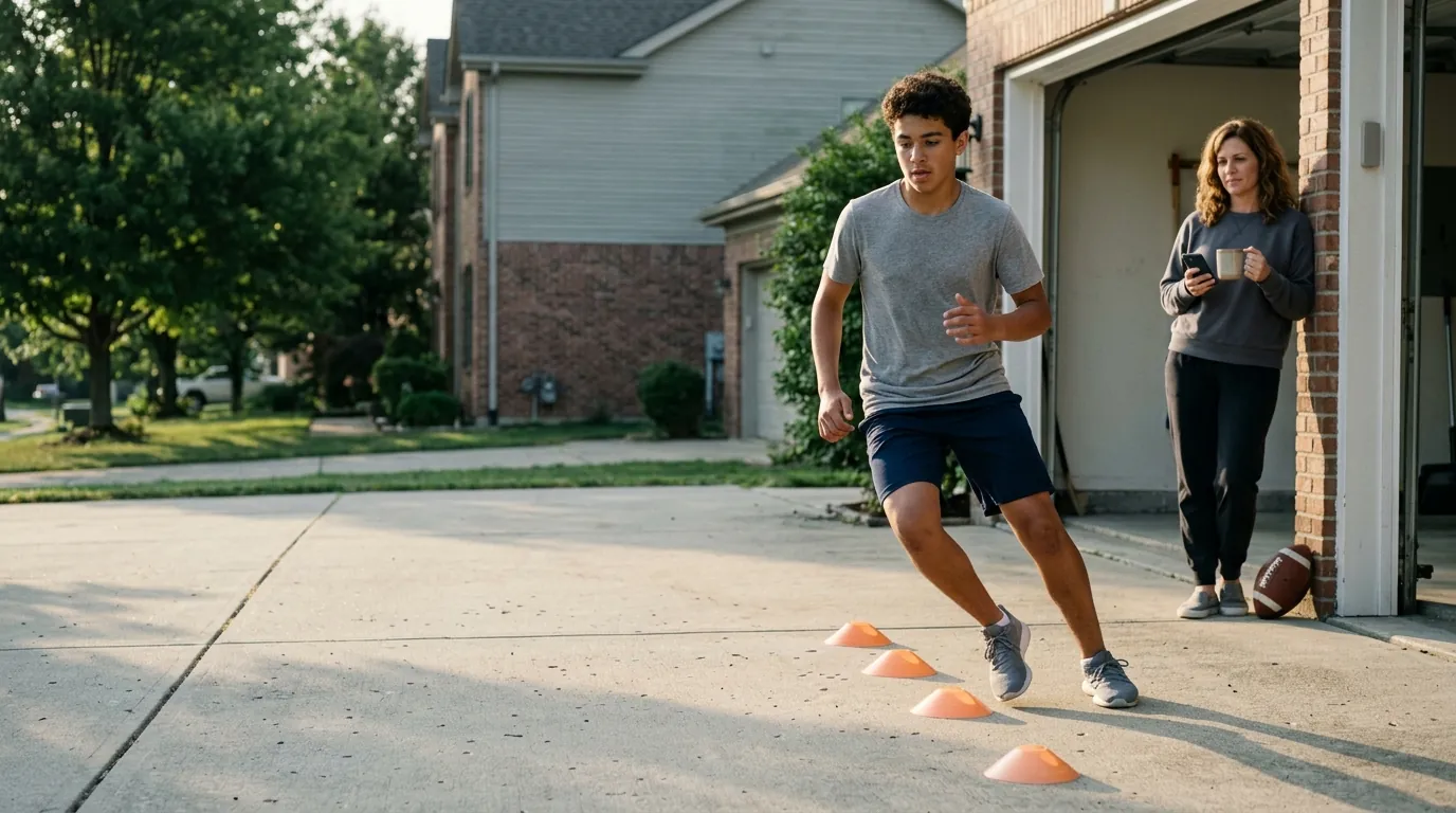 A teenager working through a line of cones on a suburban driveway in early morning light while a parent watches from the open garage.