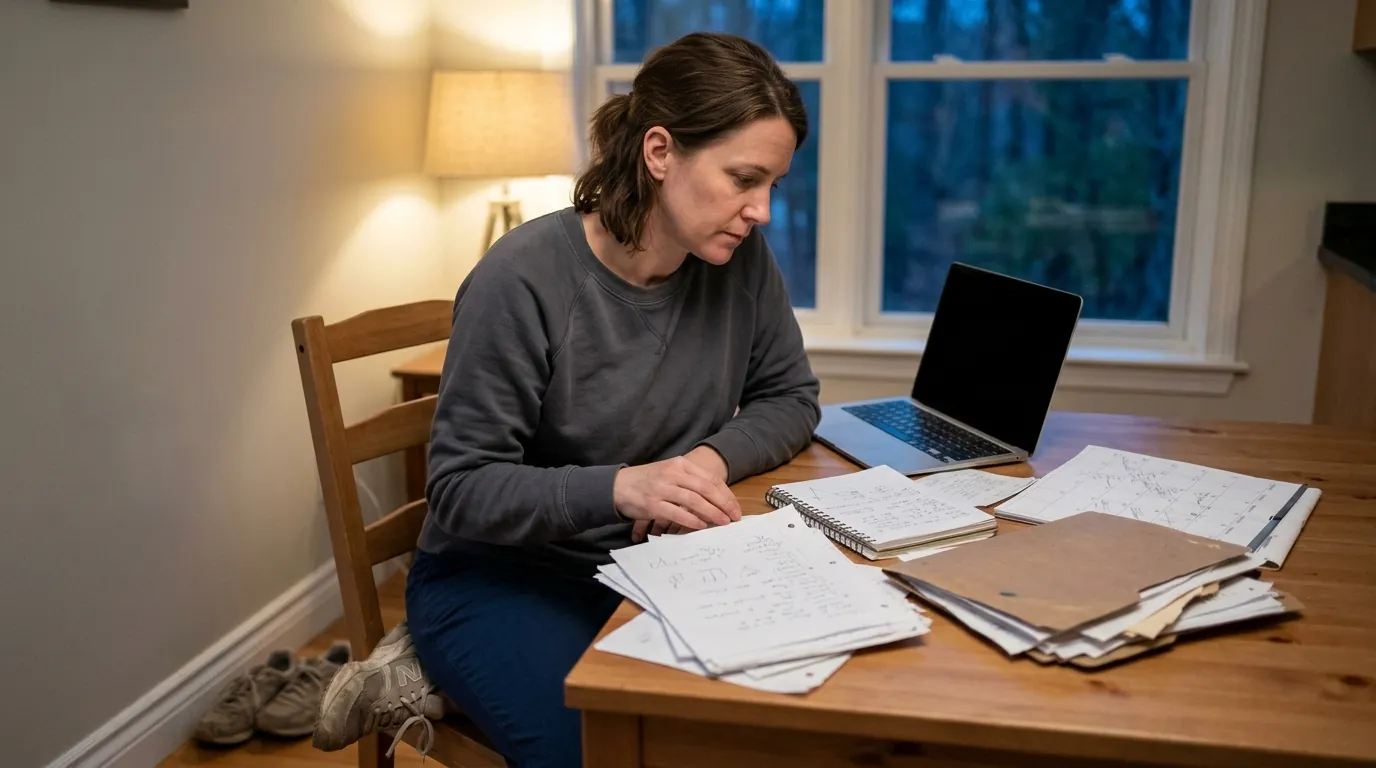 A parent at a kitchen table in the evening, surrounded by handwritten notebooks and loose paper, working out what happened this year.