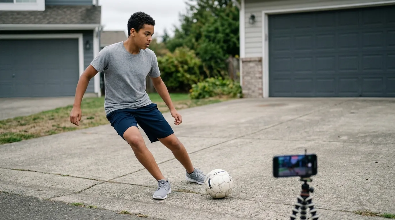 A teenager with a ball on a driveway, head up, watching a phone propped on a low tripod a few feet away.