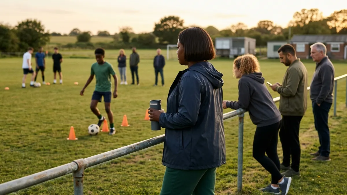 A parent with a travel mug watches from the touchline as a teenager dribbles through cones at club training.