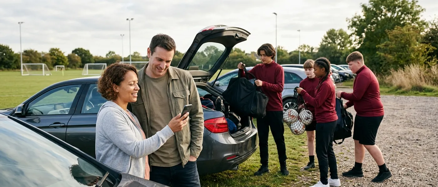 Two parents beside an open car boot in a club car park, one showing the other her phone, while teenagers in matching warm-up tops load their kit.