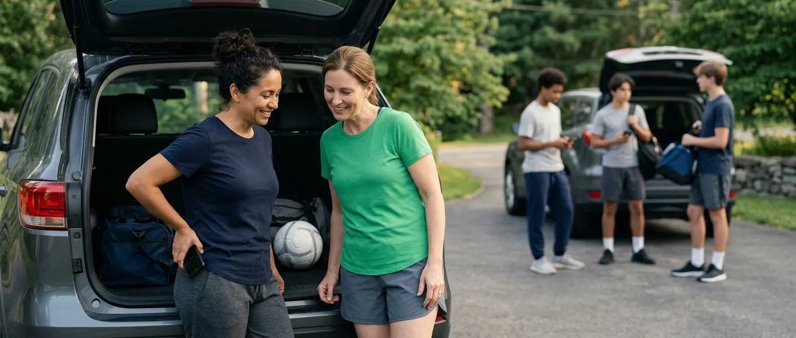 Two mothers talking beside an open car boot in a driveway, one showing the other something on her phone, four teenagers loading kit behind them.
