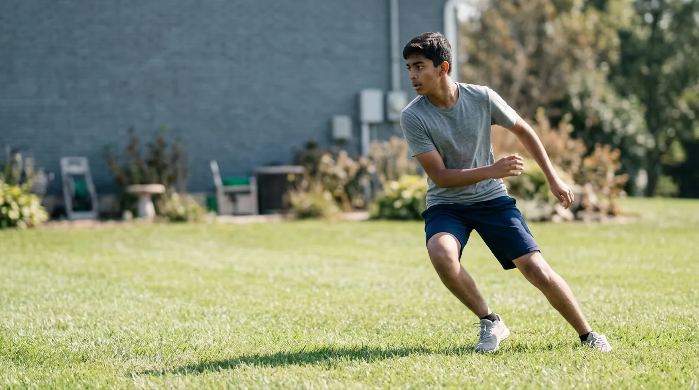A teenager on a lawn caught at the moment of changing direction, planted foot braking, eyes already looking the new way.