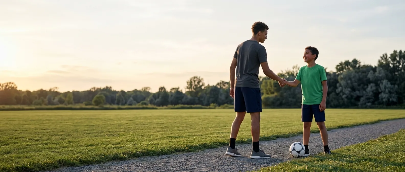 Two siblings of clearly different ages bumping fists on the grass at the end of a game, both out of breath, the younger one grinning.