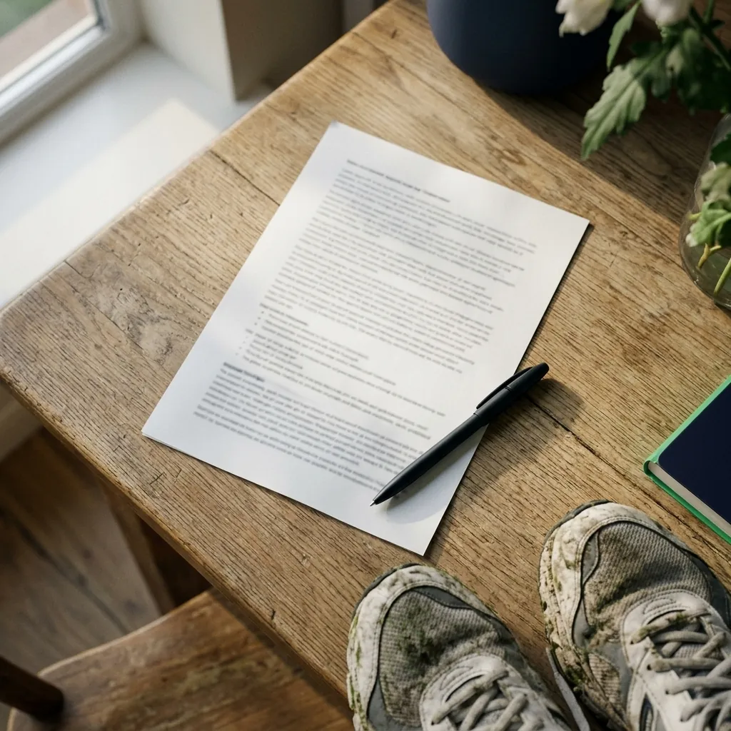 A printed record lying on a kitchen table beside a pen, with a pair of grass-stained trainers at the edge of the frame.