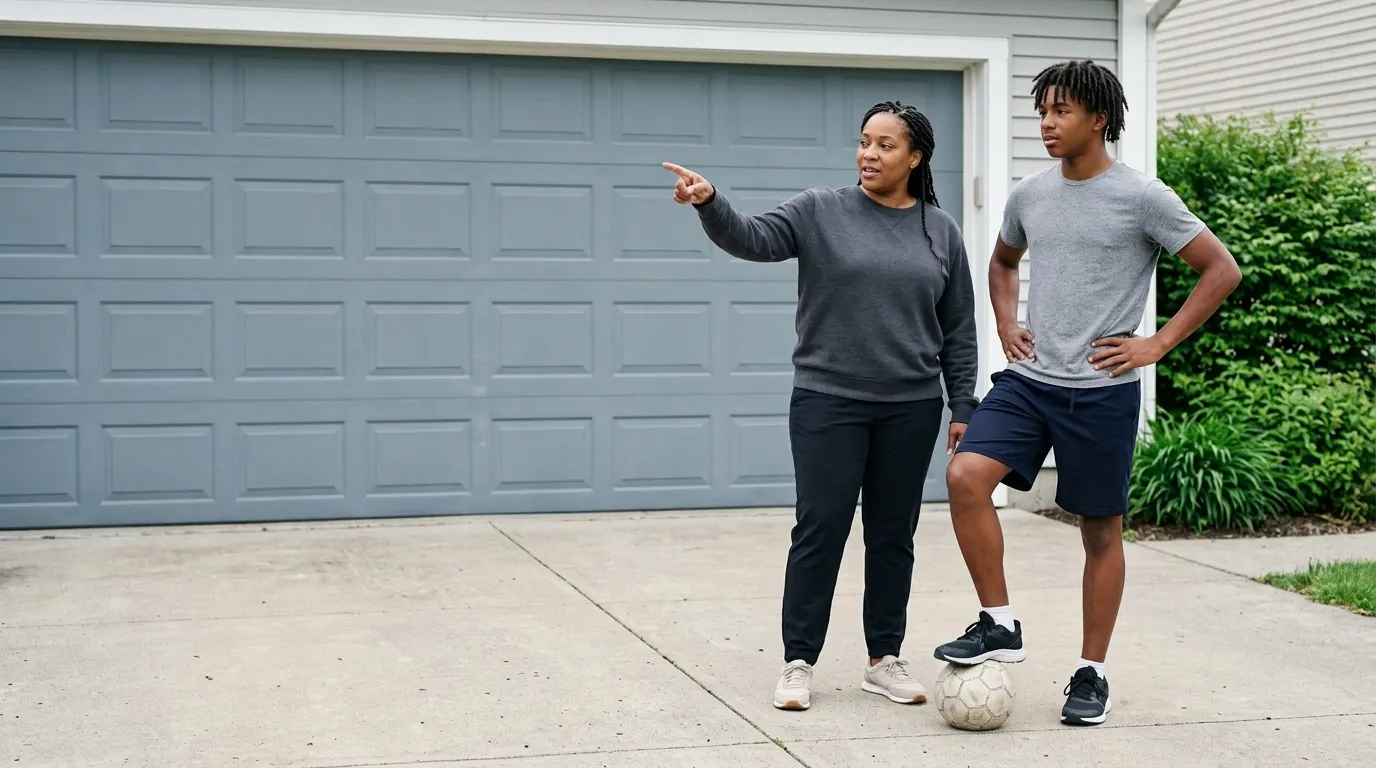 A parent and a teenager on a driveway at the start of a session, the parent pointing something out while the teenager listens with a ball under one foot.