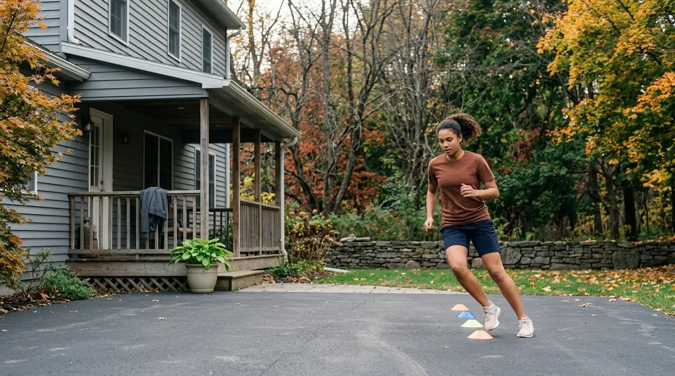 A teenager doing agility work on a paved area behind a two-storey clapboard house, maples turning in the low autumn light and a jacket over the porch rail.