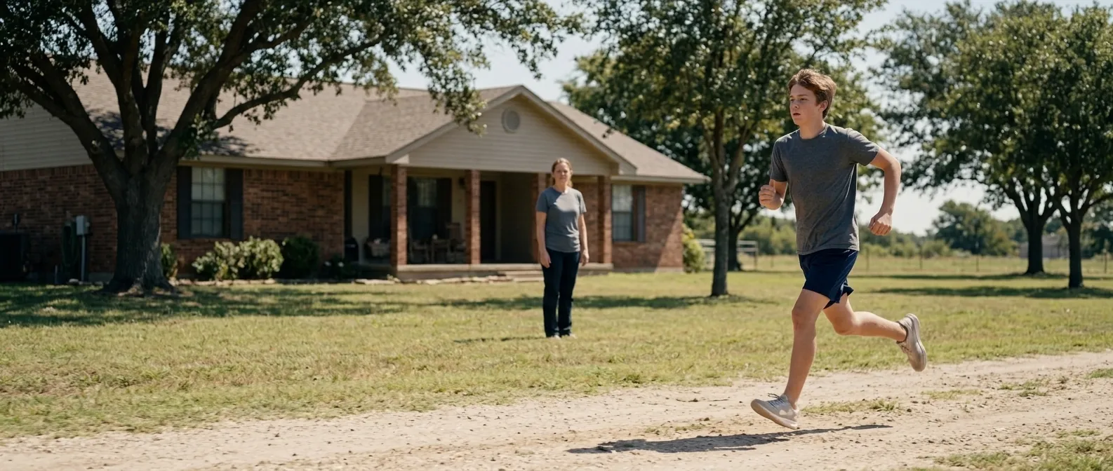 A teenager running a shuttle on a wide dirt yard in front of a low brick ranch house under an enormous Texas sky, a parent watching from the porch shade.