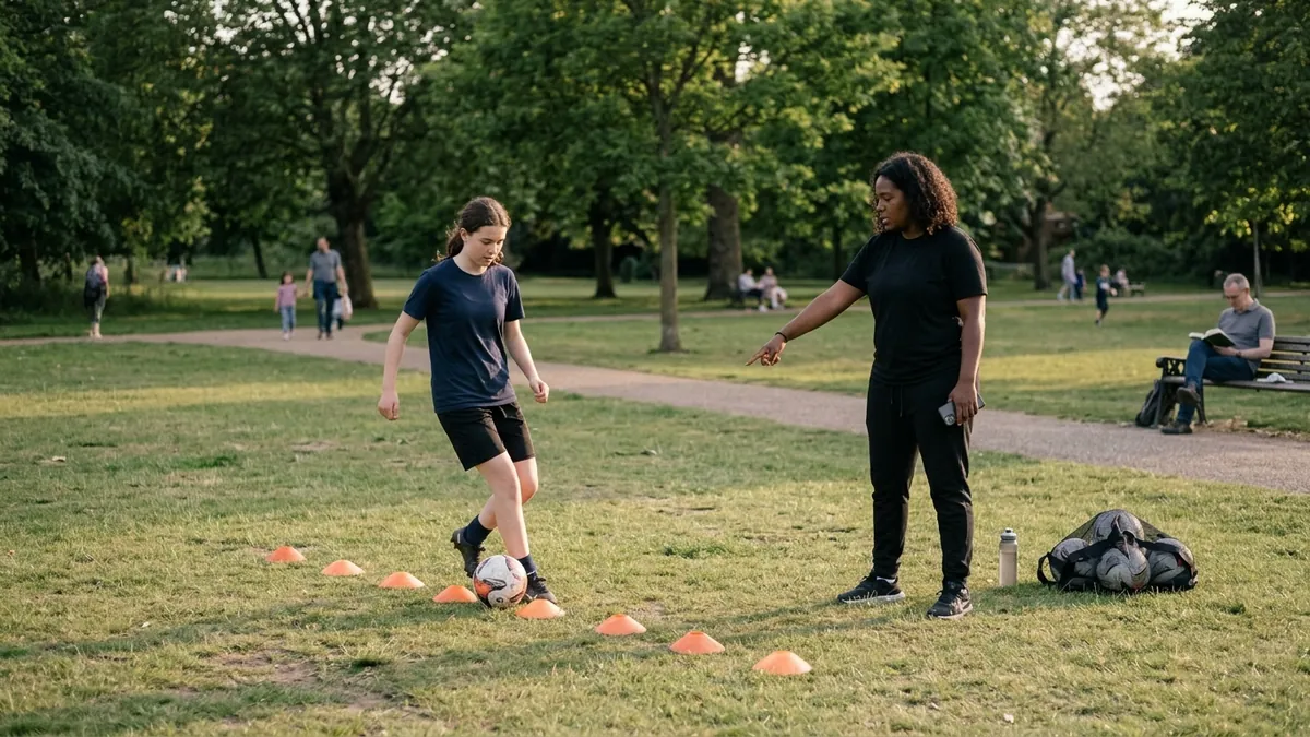 A trainer points a teenager through a line of cones in a park while holding a phone, a bag of balls on the grass beside her.