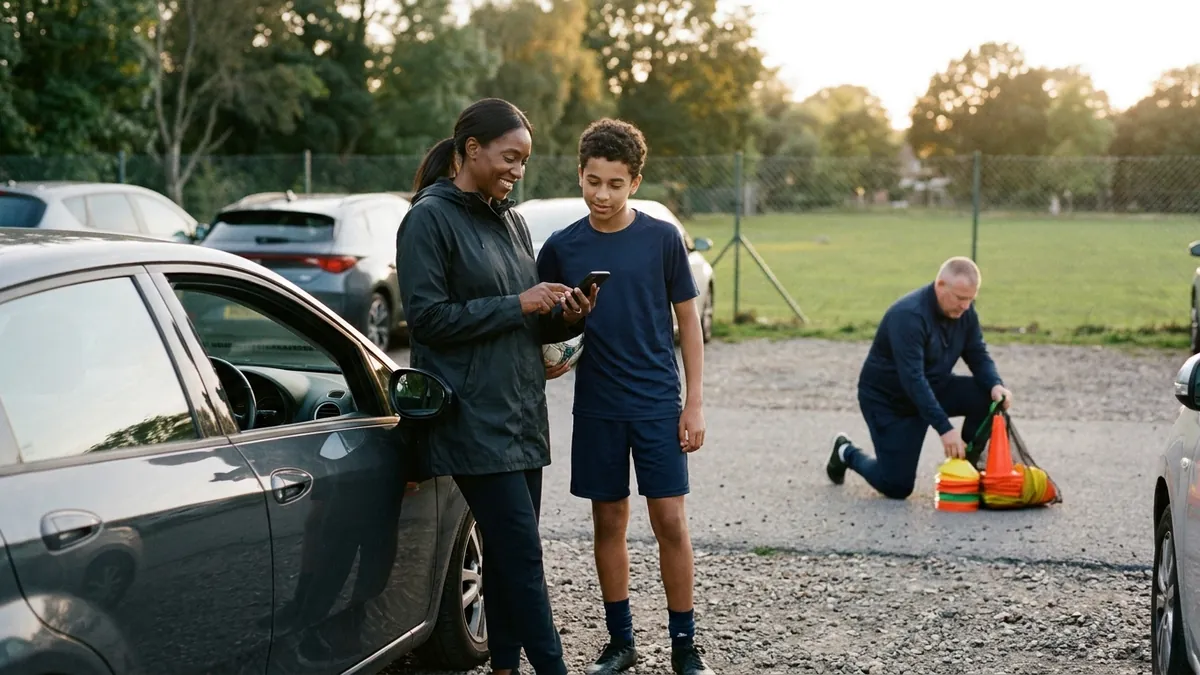 In the car park after a training session a parent reads a phone by the car while a teenager in kit looks over their shoulder, the trainer packing cones behind them.