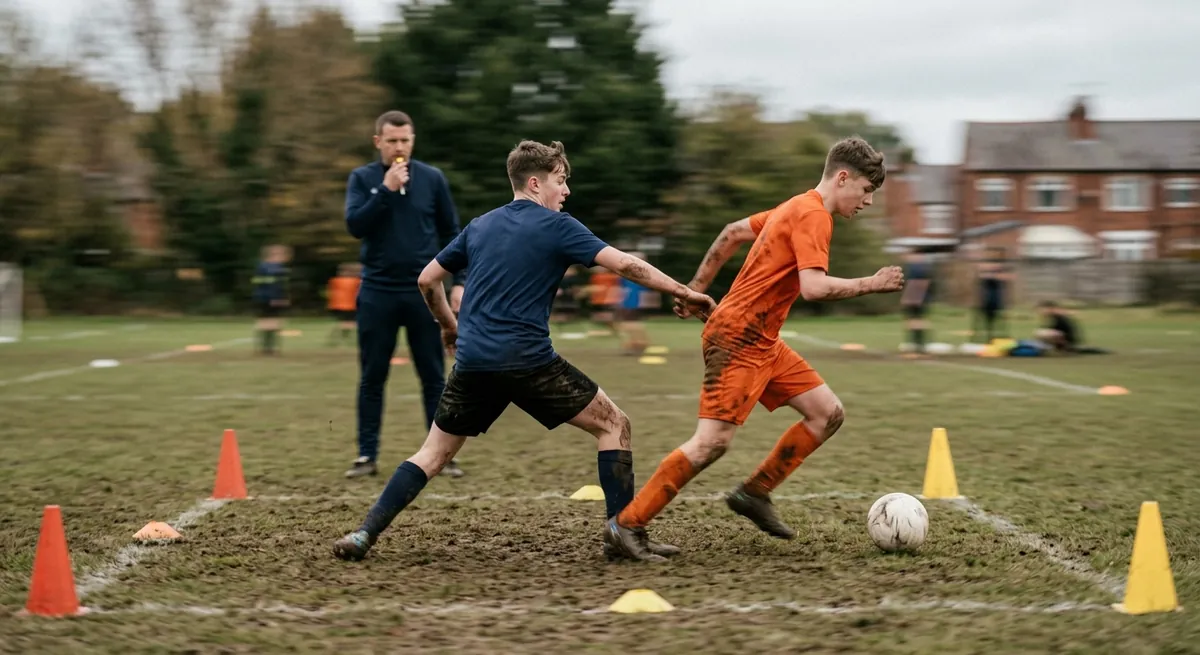 A player in navy turns instantly to win the ball back from the attacker in orange who has just nicked it.