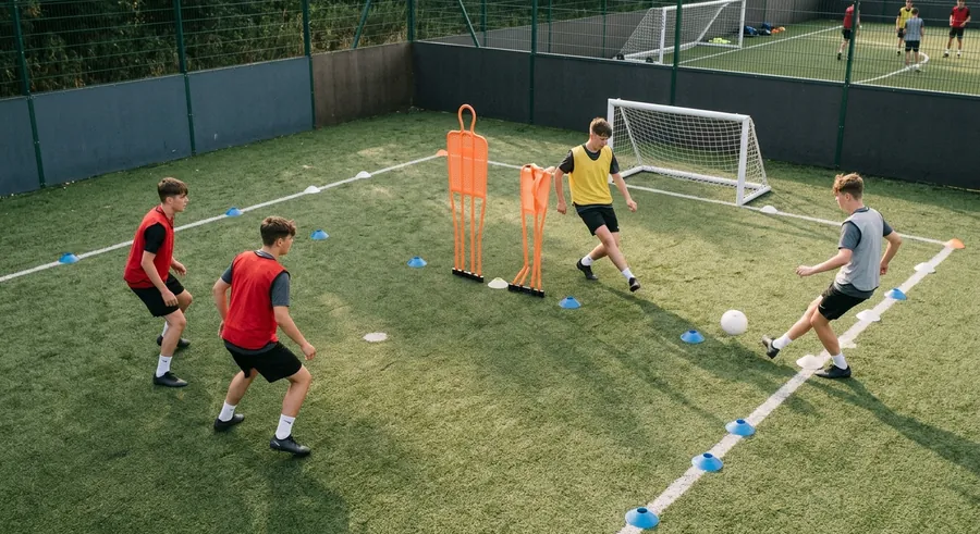 With the middle blocked, a player in yellow plays the ball out to a bumper on the side line in a 2v2.