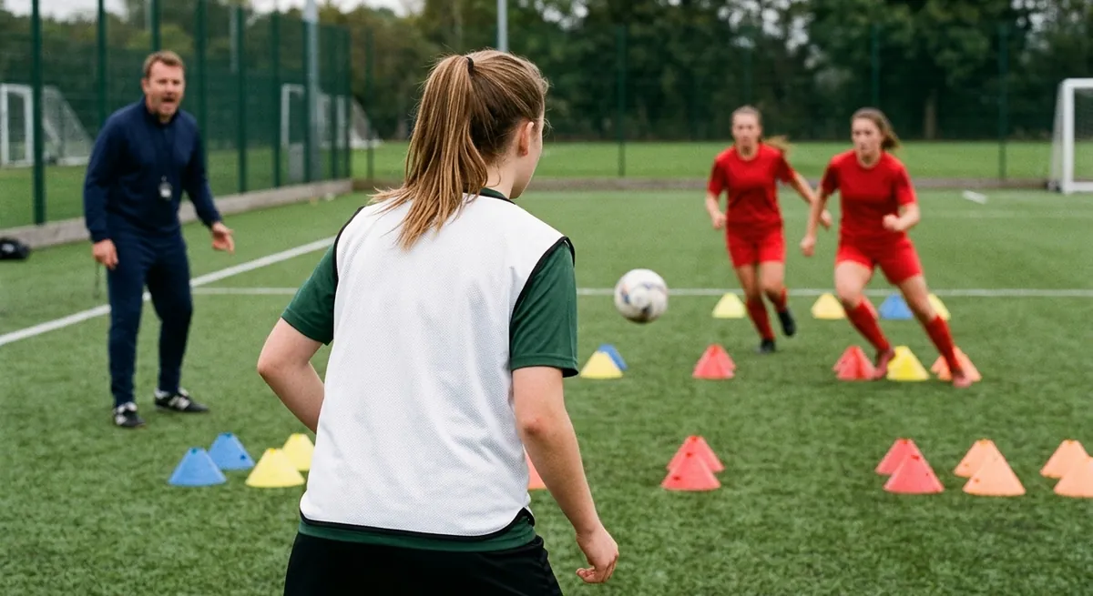 A player looks over her shoulder for the called coloured gate before the ball arrives, defenders closing.